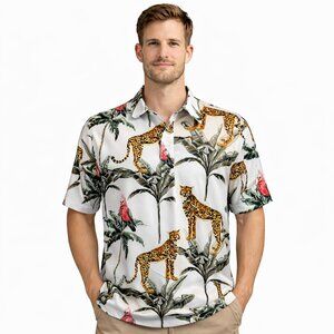 Bad Birdie Men's Tropical Cheetah Print Polo Shirt – Size XL